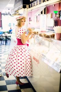 vintage ice cream parlor pretty young woman vintage polka dot dress 37647 2