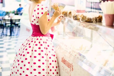 vintage ice cream parlor pretty young woman vintage polka dot dress 37647 2